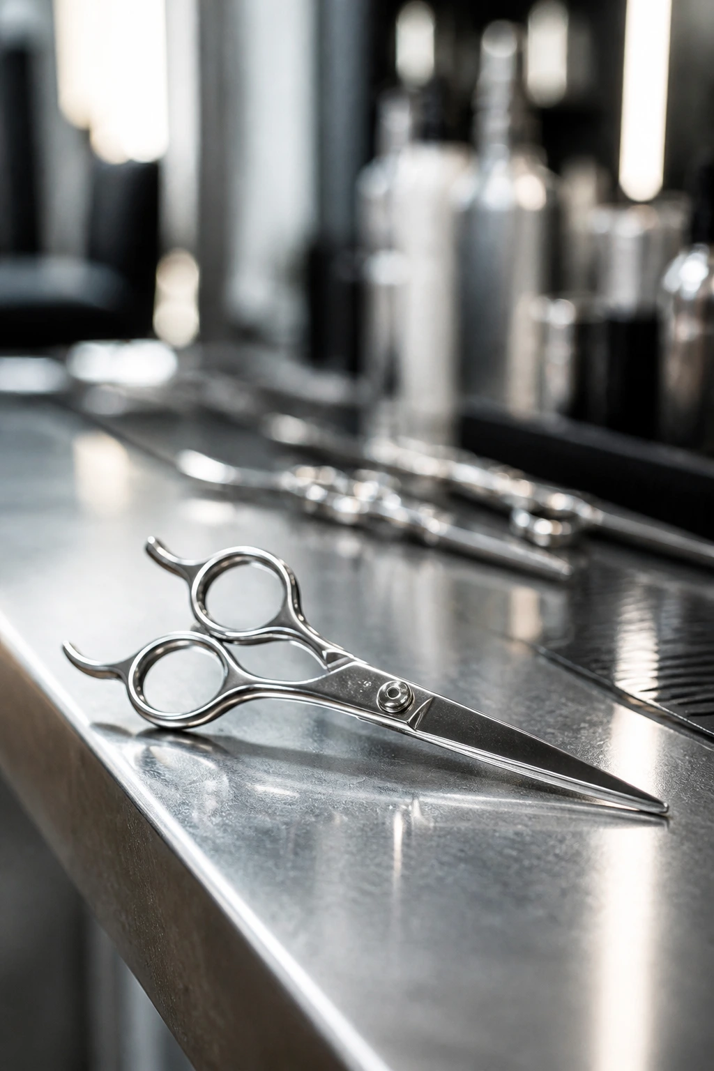 Close-up of professional haircutting scissors on a salon counter