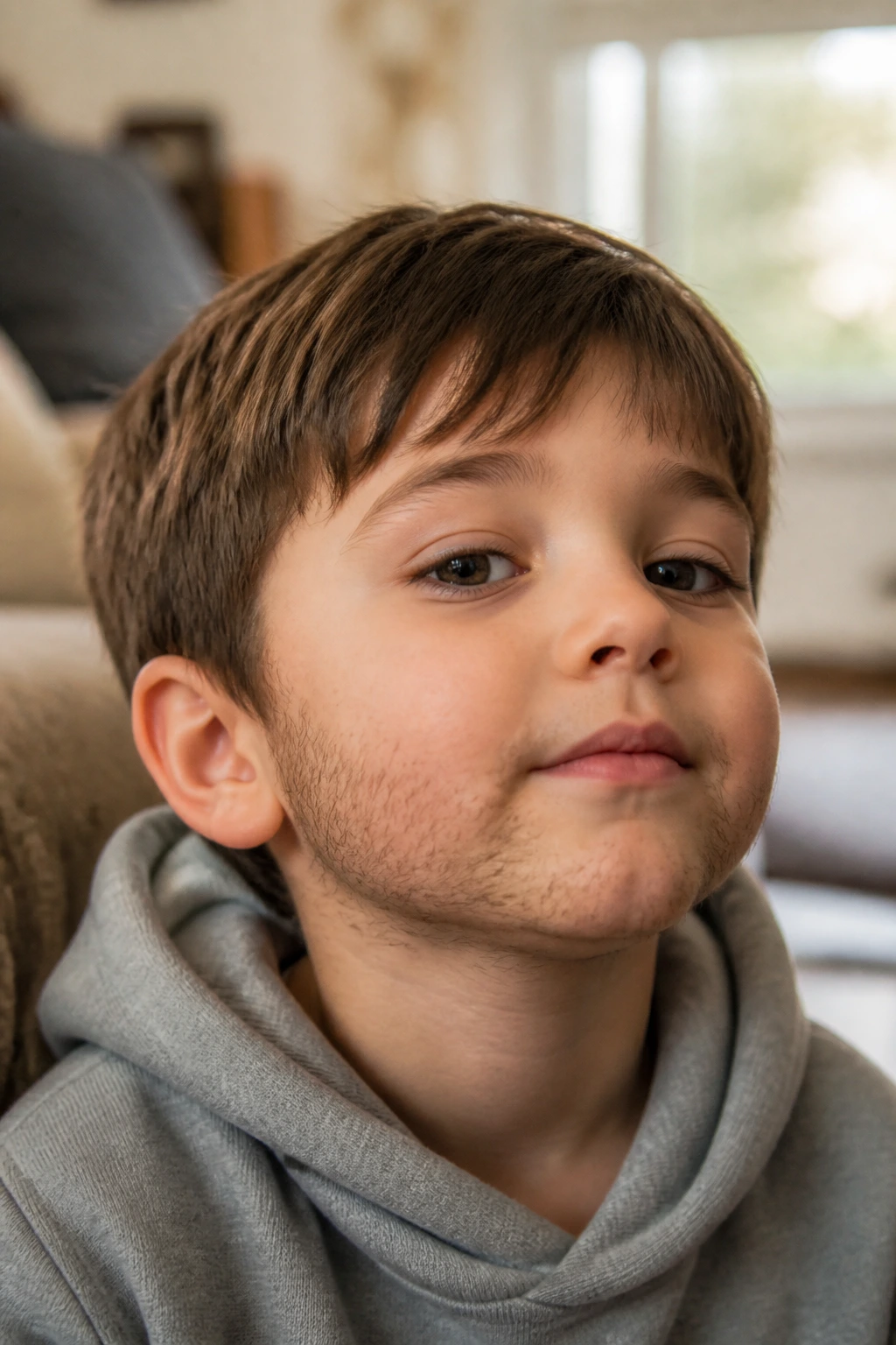 Close-up of a child with soft patchy scruff in a hoodie in a cozy living room
