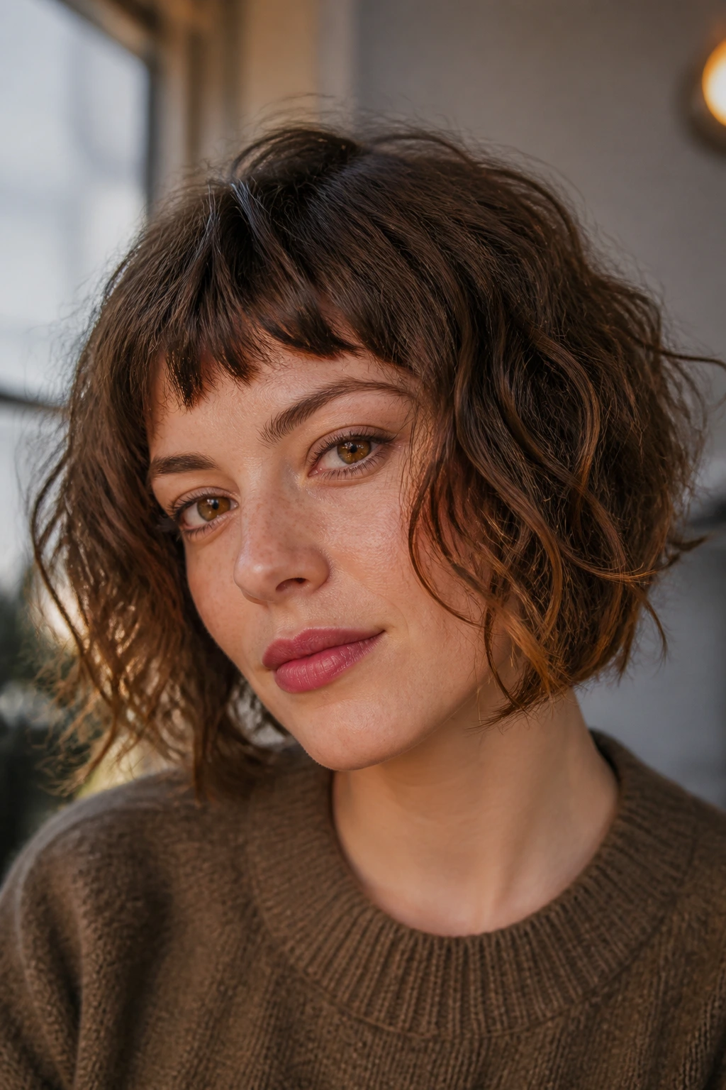 Portrait of a real woman with Scrunched Wavy Bob With Short Fringe in a cozy home