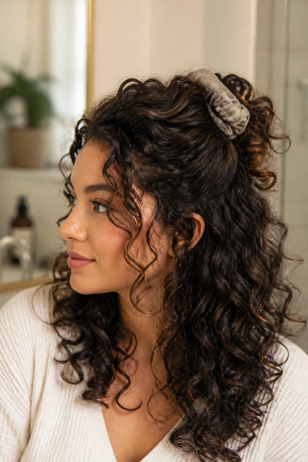 Close-up of a real woman with a scrunchie folded half-up pony on curly hair