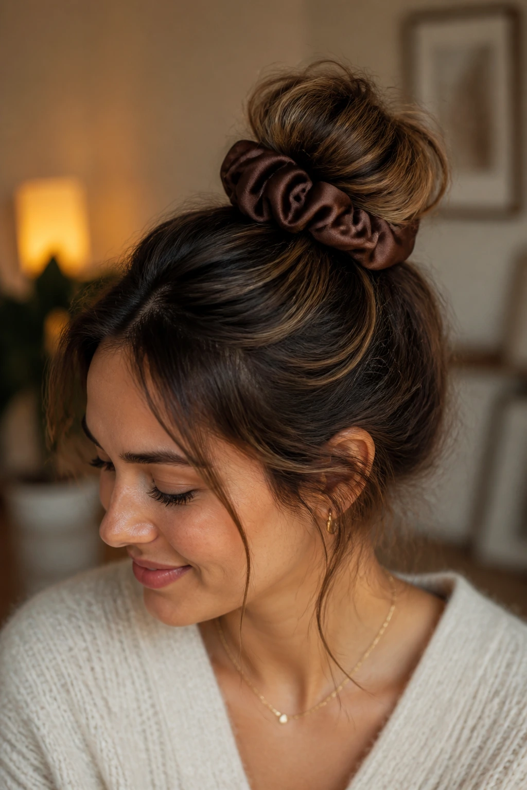 Close-up of a real woman wearing a scrunchie puff bun