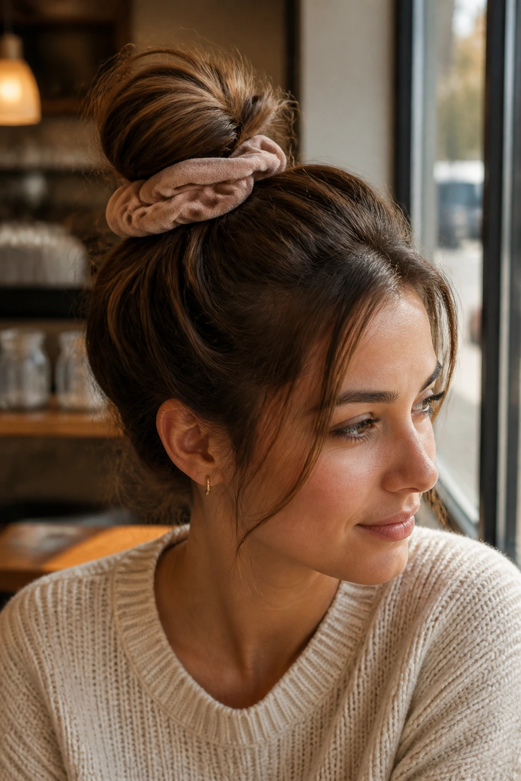 Close-up of a real woman with a wrapped-scrunchie top knot, scrunchie visible at base in soft cafe light.