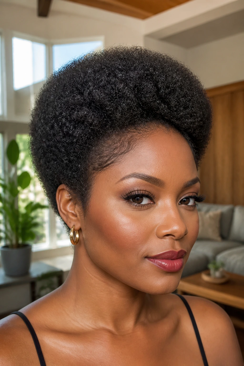 Portrait of a person with a sculpted short Afro in a bright living room.