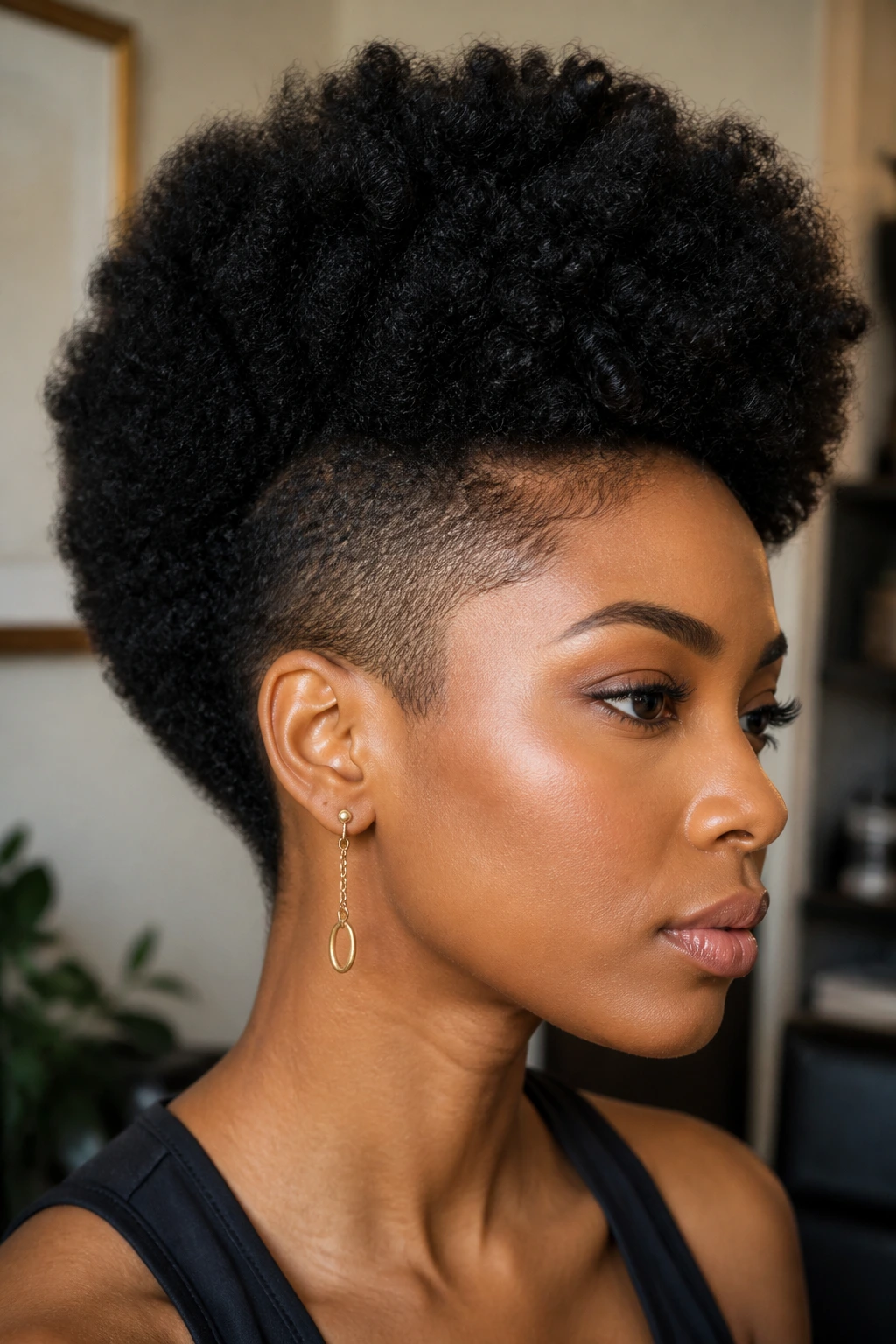 Close-up portrait of a real person with sculpted afro and hidden undercut