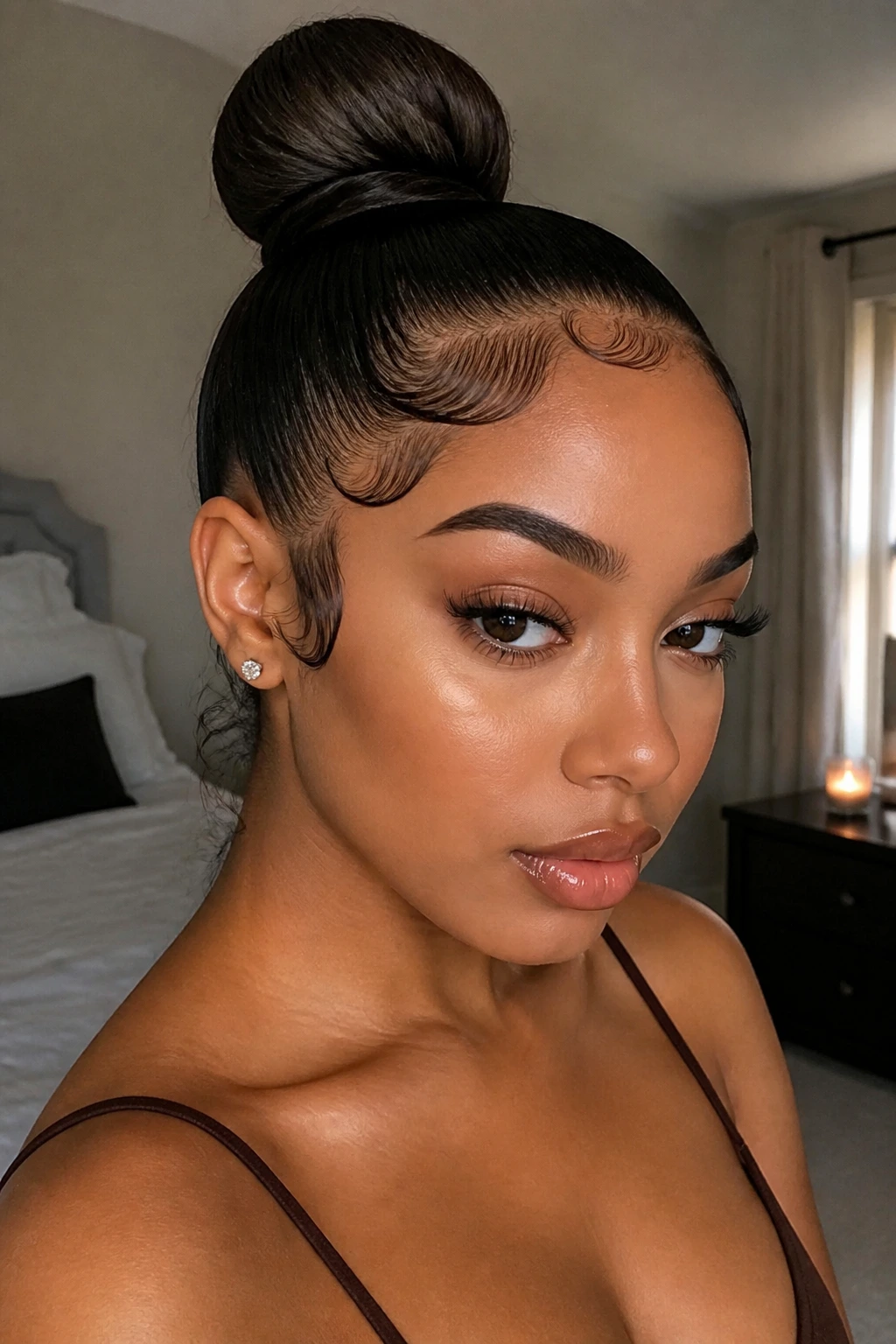 Real woman with sculpted baby-hair bun framing a tight bun.