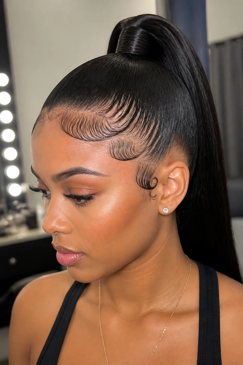 Close-up of a real woman with sculpted baby hairs at the hairline and a sleek ponytail
