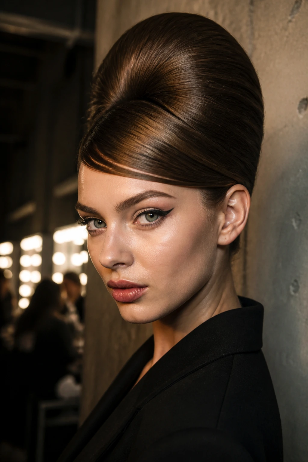 Close-up portrait of a woman with Sculpted Editorial Beehive hairstyle in moody backstage lighting