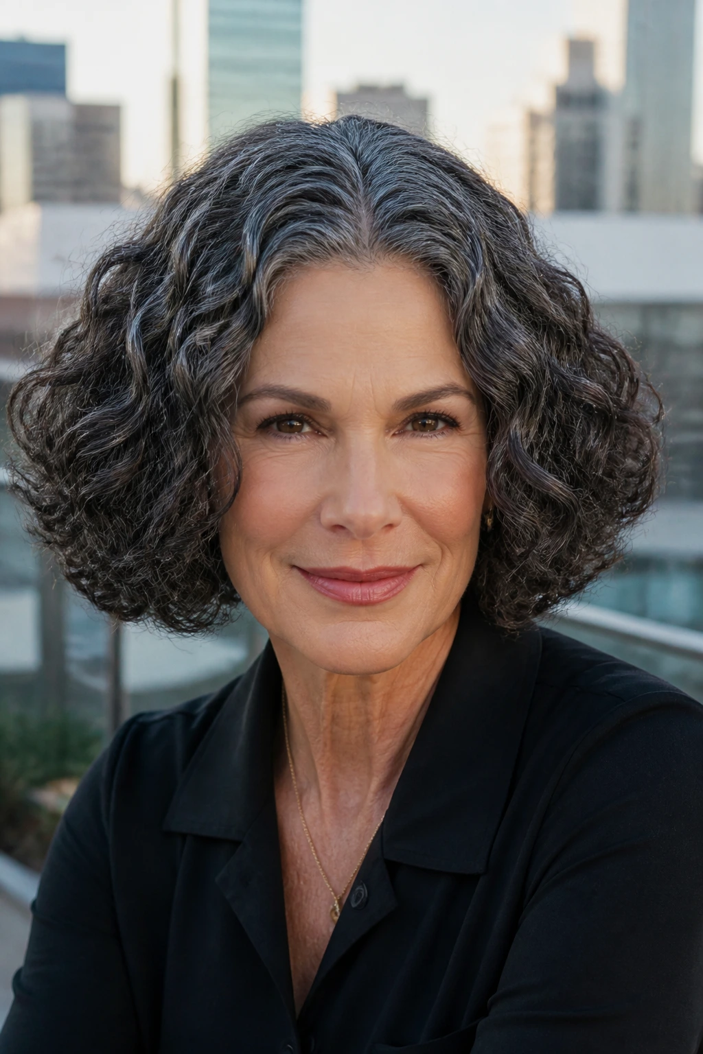 Close-up portrait of a real woman with a sculpted bob and center part on a rooftop.