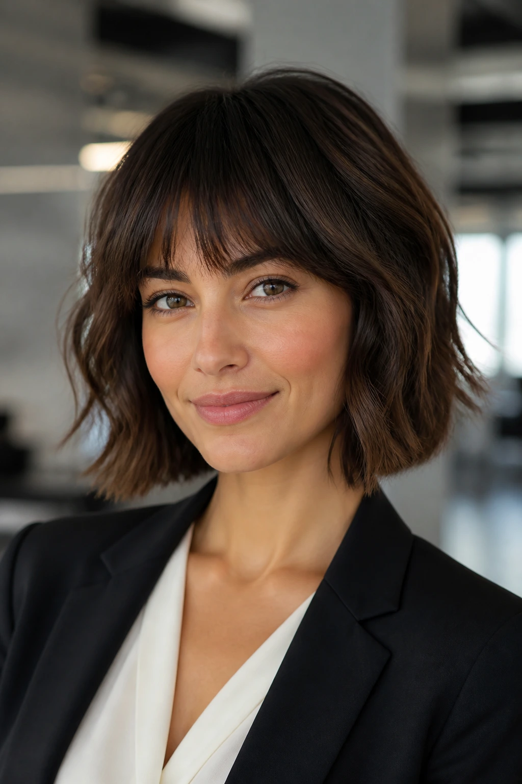 Real woman with sculpted bob and combed-through fringe in office setting