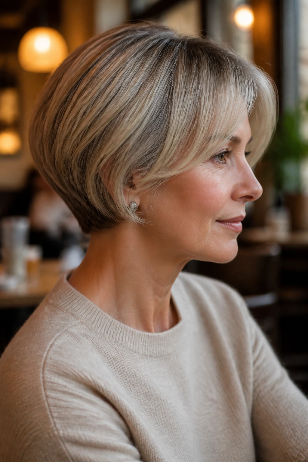 Close-up of a real woman with sculpted bob and tucked nape hairstyle