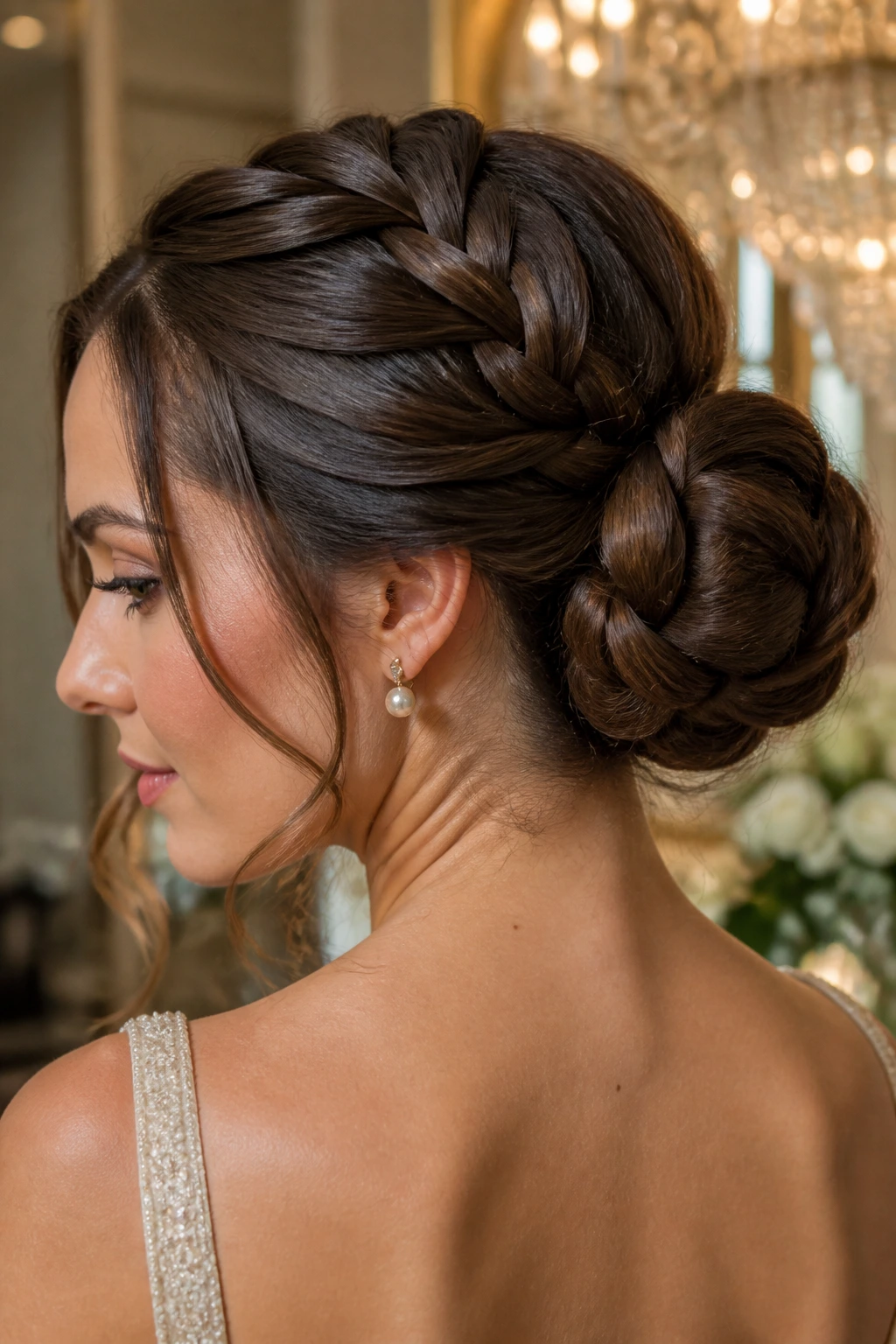 Close-up of sculpted braided bun on a real woman, formal updo with center braid