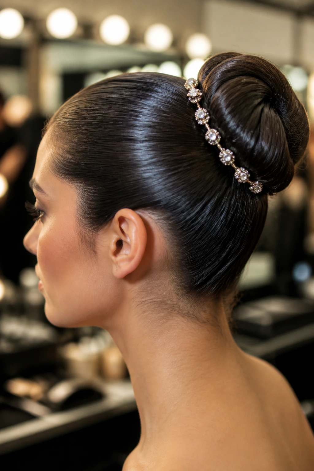 Close-up of a real woman with a sculpted bun and hairpin arc