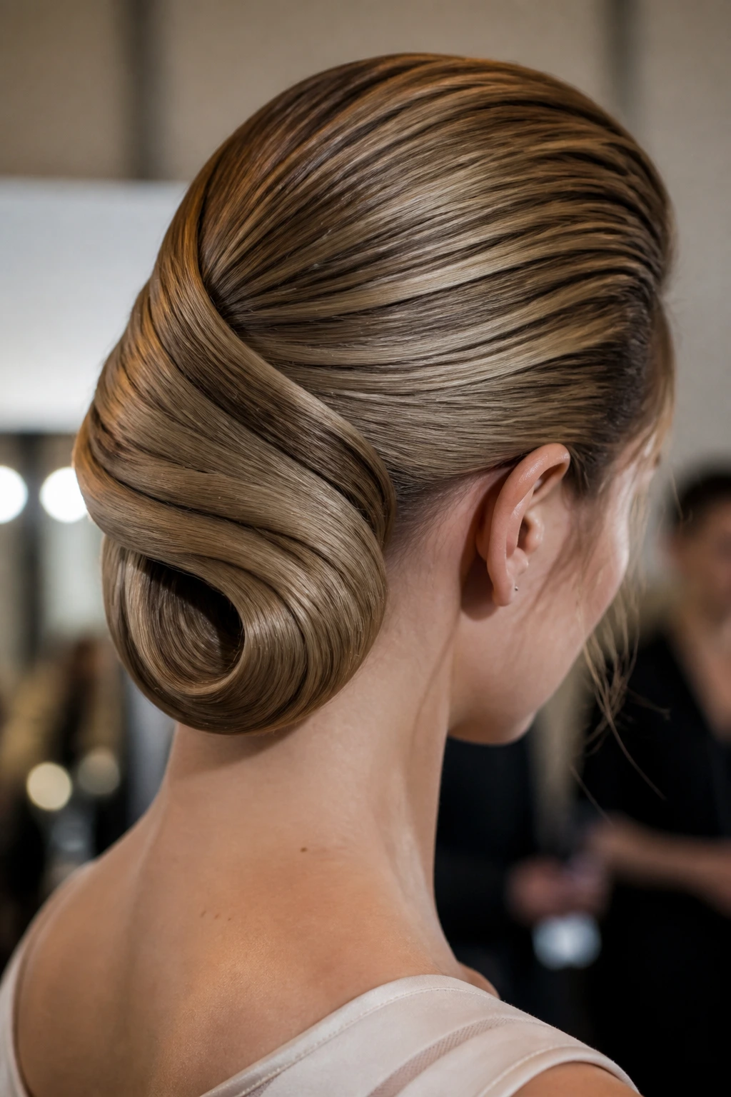 Back-of-head shot of a sculpted editorial chignon with hidden pins on a real person
