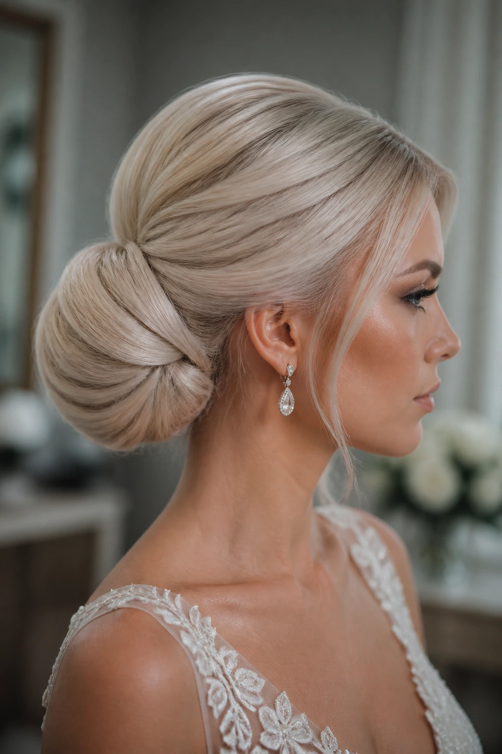 Close-up of a real woman with an icy blonde sculpted chignon