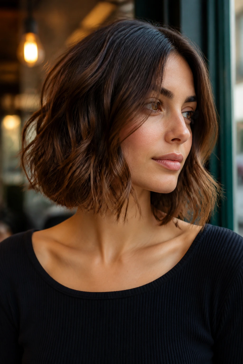 Close-up of a woman with a sculpted collarbone bob framing her face.