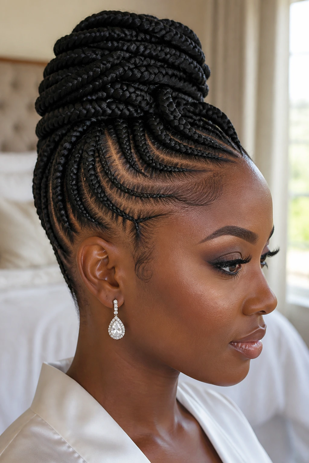 Close-up of a real woman with a sculpted cornrow updo featuring architectural braids.