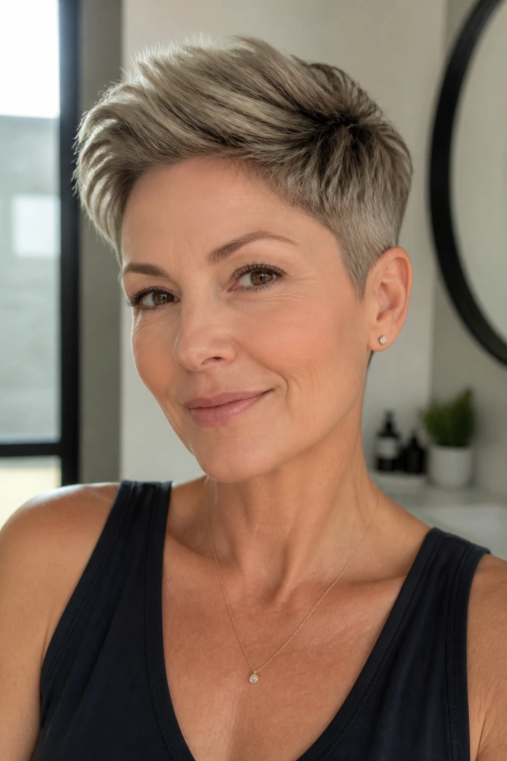 Real woman with a sculpted crop giving fine hair presence, in bright interior