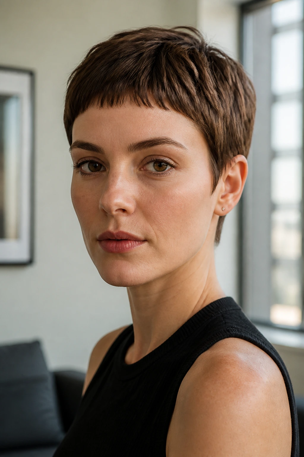 Close-up of real woman with sculpted crop and micro fringe