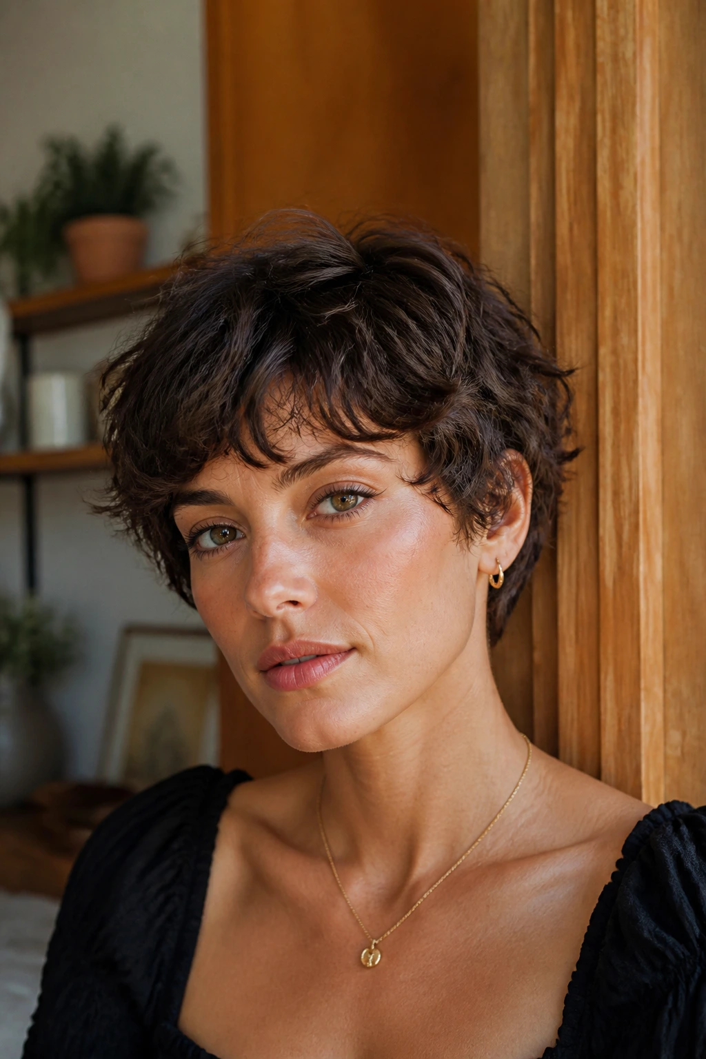 Close-up portrait of a real person with sculpted crop and soft fringe, waves controlled.