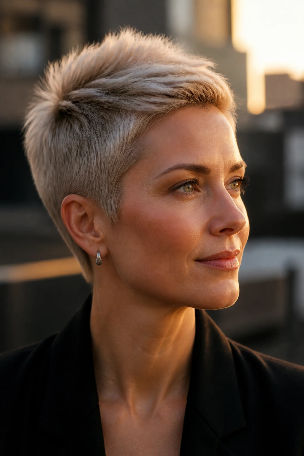 Portrait of a real person with Sculpted Crown Pixie against an urban background