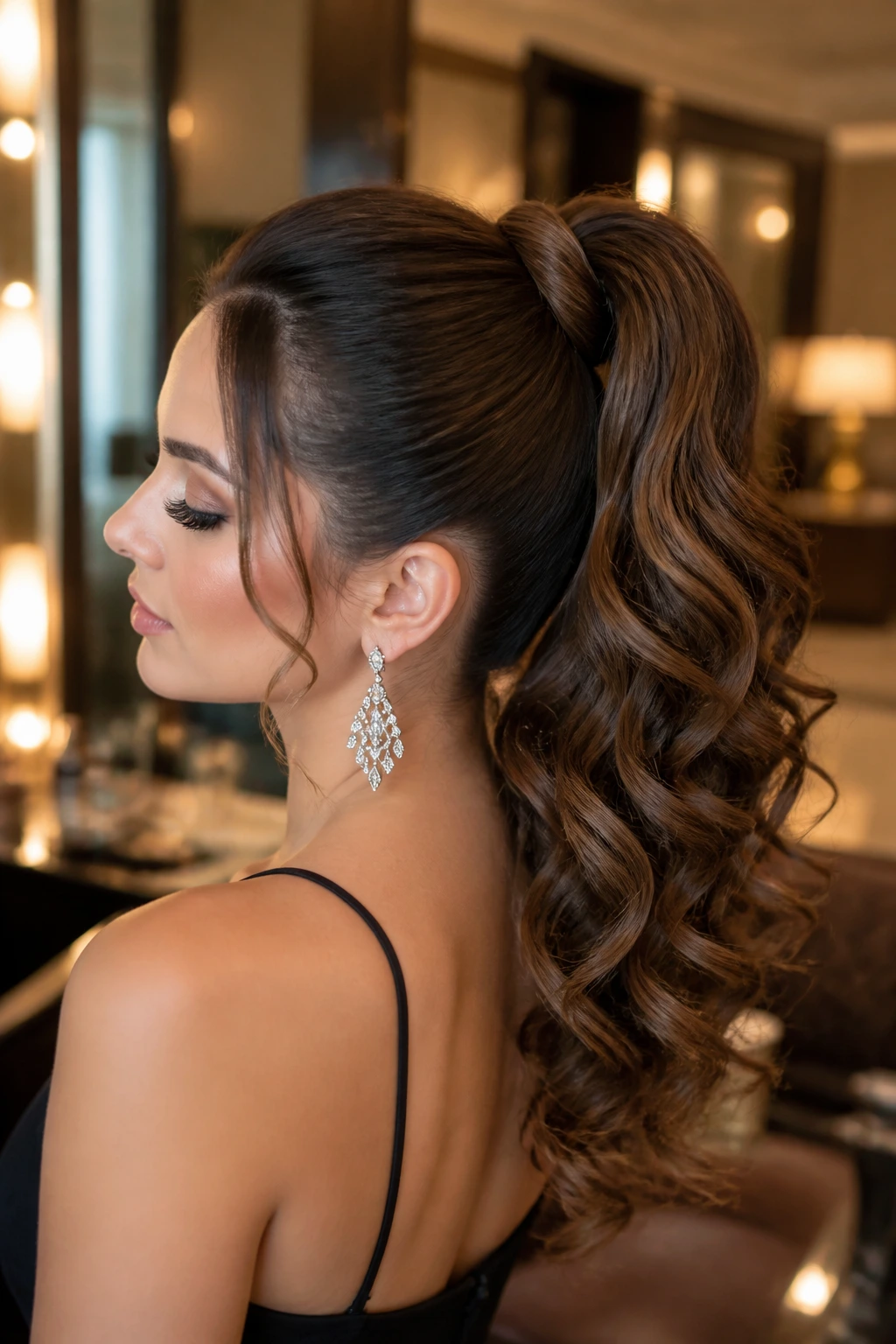Close-up of Sculpted Curl Ponytail on a real woman in a luxe hotel suite