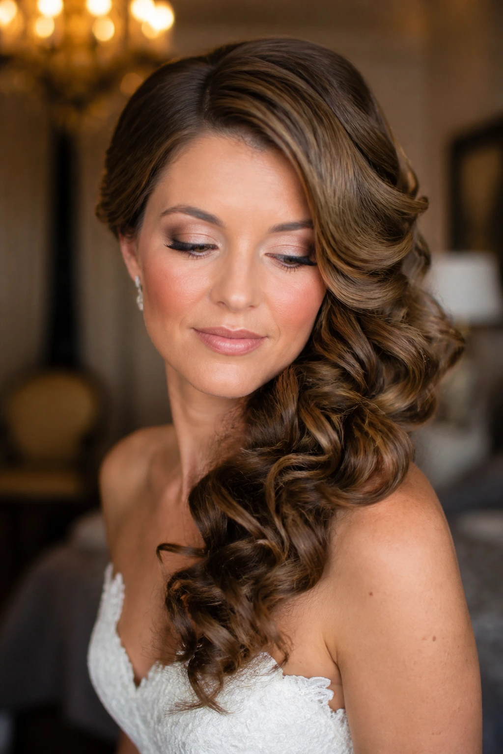 Close-up of a real bride with sculpted curls and a side sweep