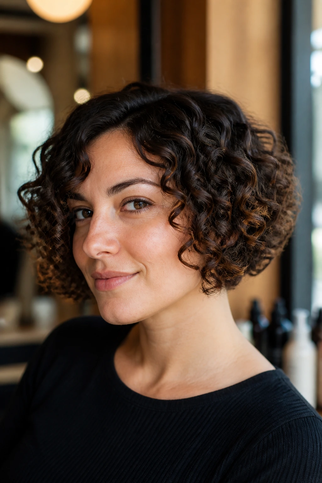 Medium close-up of a woman with sculpted curly bob and ridges.