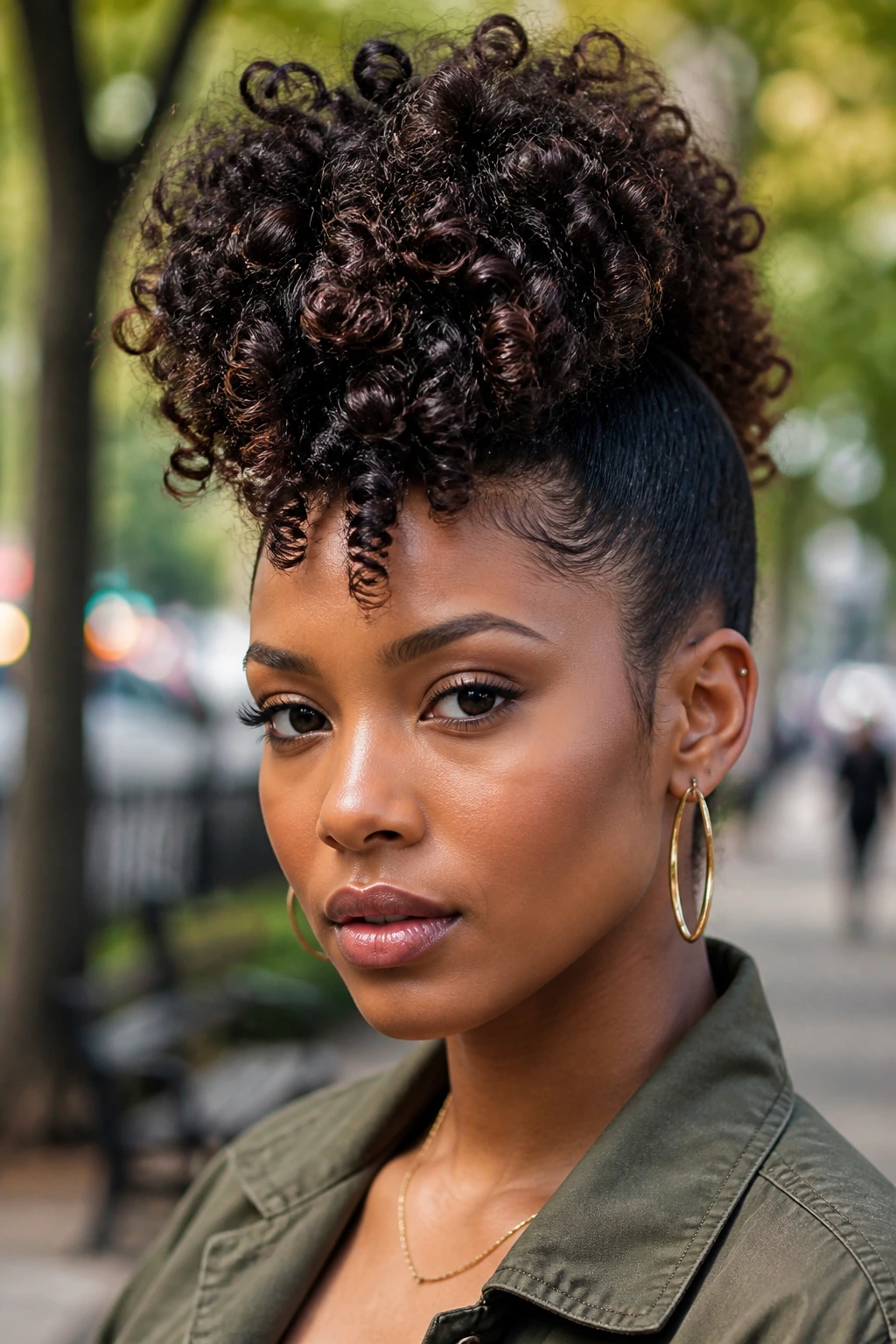 Portrait of a person with a sculpted curly mohawk puff