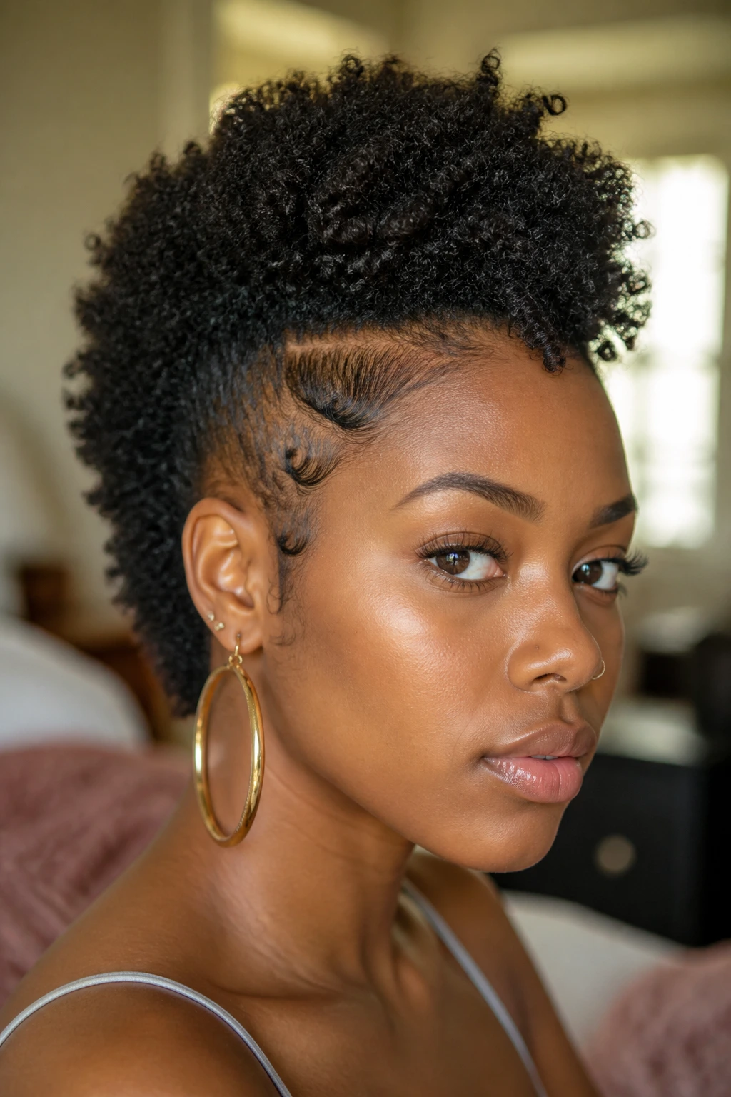 Close-up portrait of a Black woman with a sculpted edges mohawk and face-framing edges.