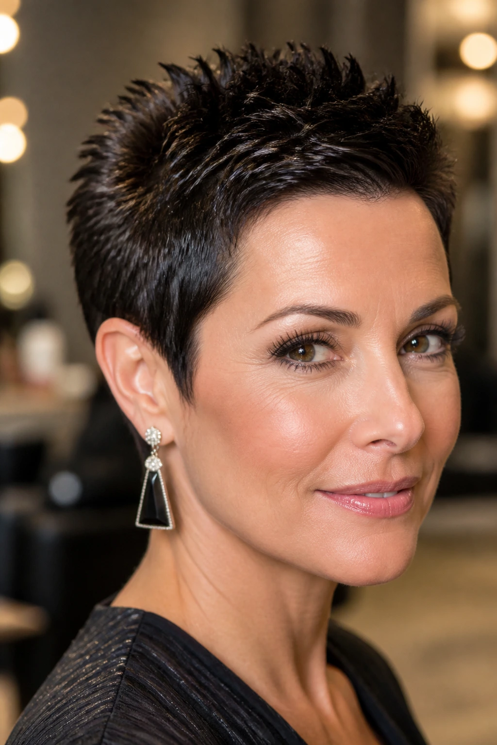 Close-up of a real woman with a sculpted evening spike hairstyle, neat line and glossy finish in a chic salon