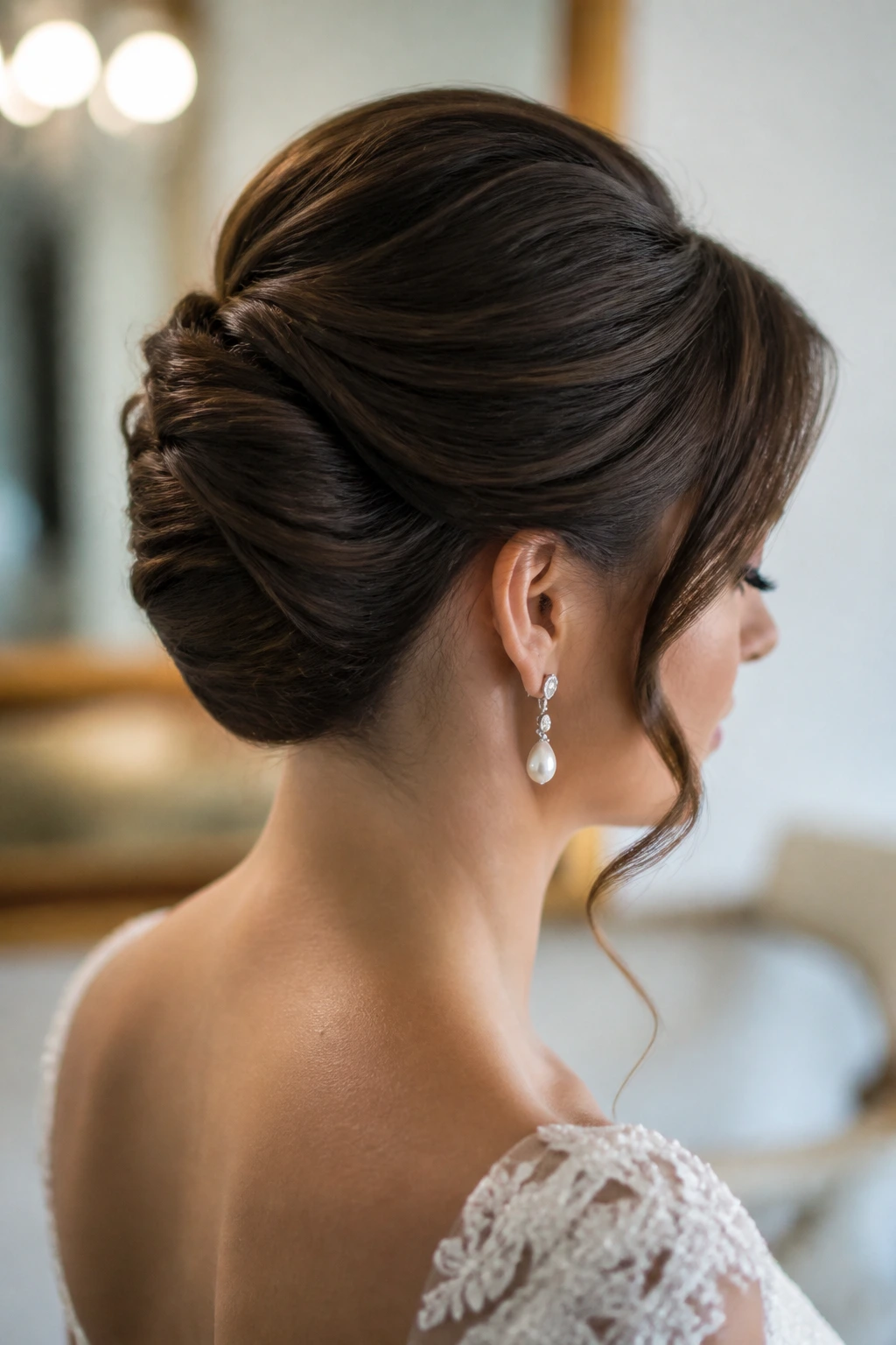 Close-up of a real bride with a sculpted French twist hairstyle.