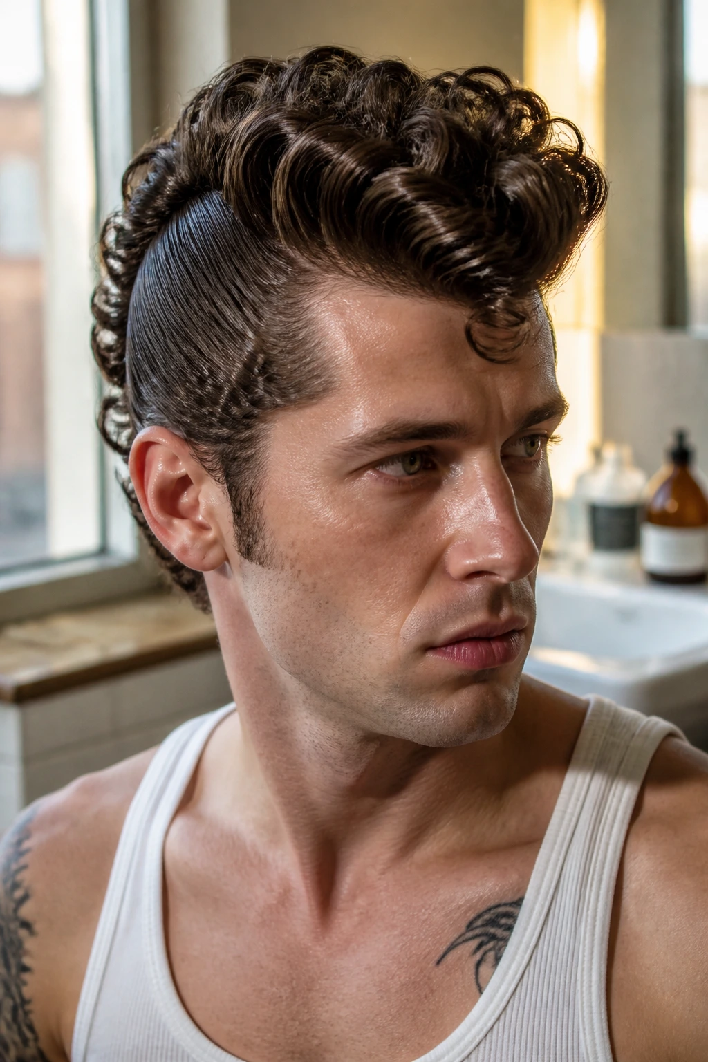 Close-up portrait of a real person with Sculpted Retro Frohawk in a stylish urban bathroom