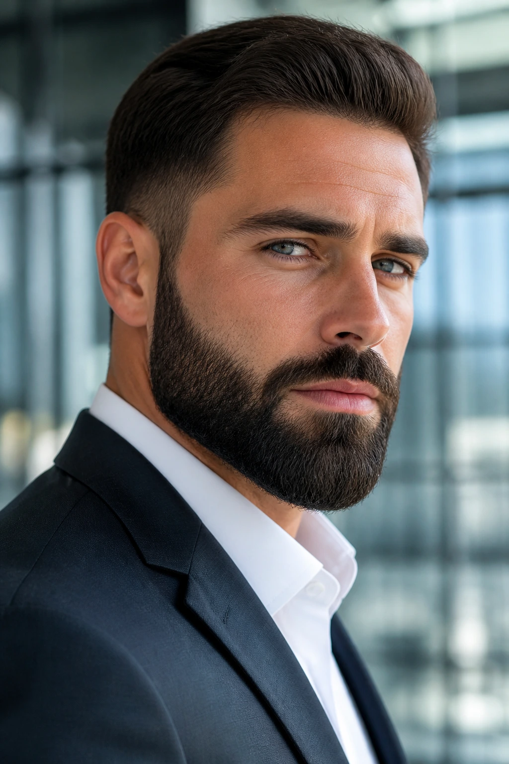 Close-up portrait of a man with a Sculpted Full Beard in a modern office lobby.
