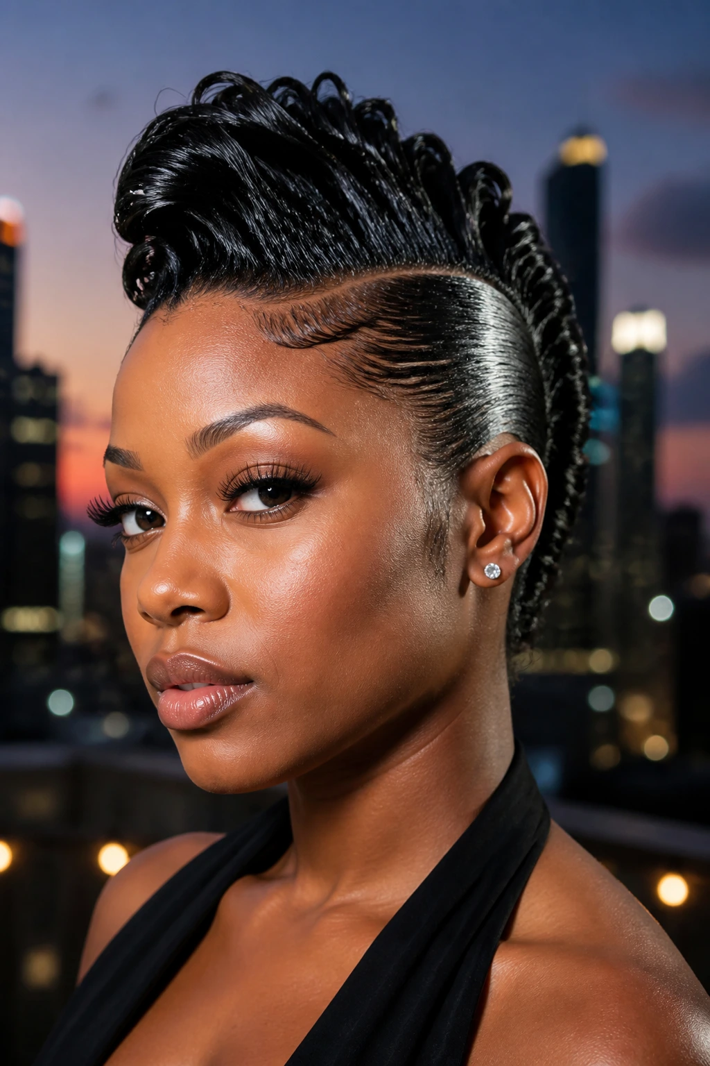 Close-up of a real Black woman with a sculpted gel hawk, glossy ridges and wet-look finish.