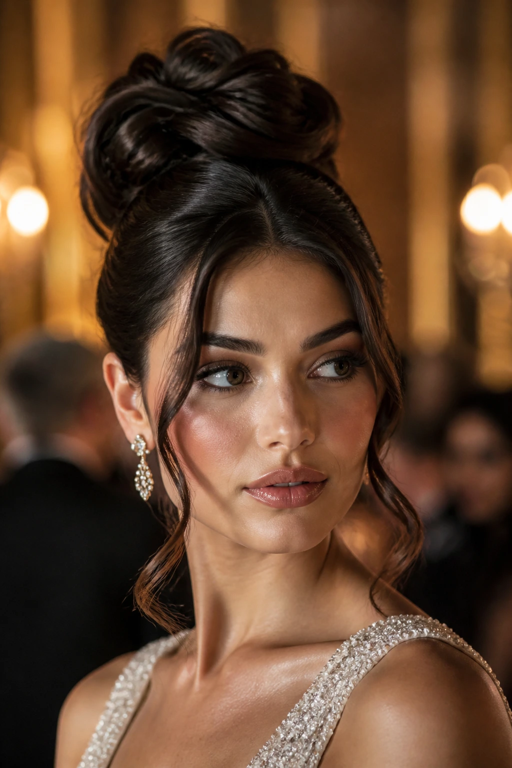 Portrait of a woman with a sculpted high bun and face-framing curls