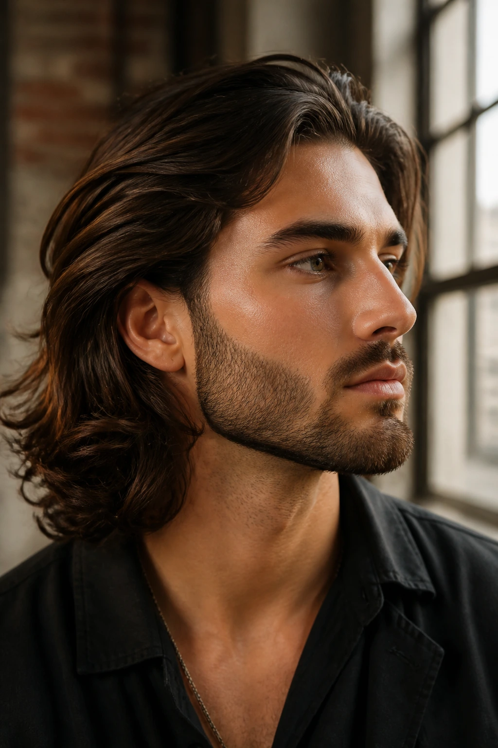 Close-up portrait of a man with long hair and a sculpted jawline beard