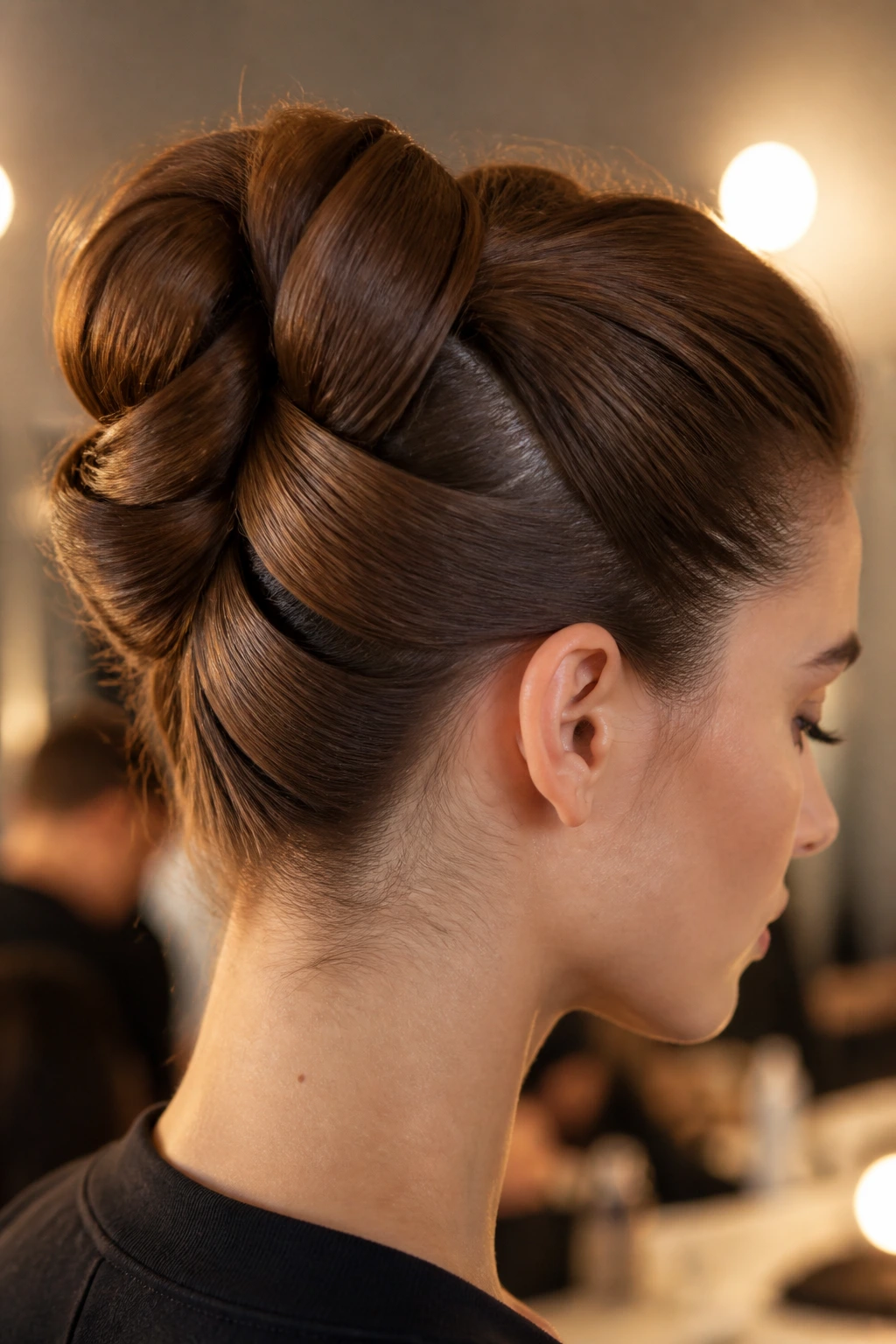 Close-up of a sculpted knot bun on a real person