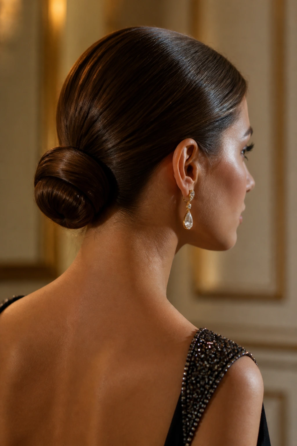 Close-up of a real woman with a sculpted knot at the nape