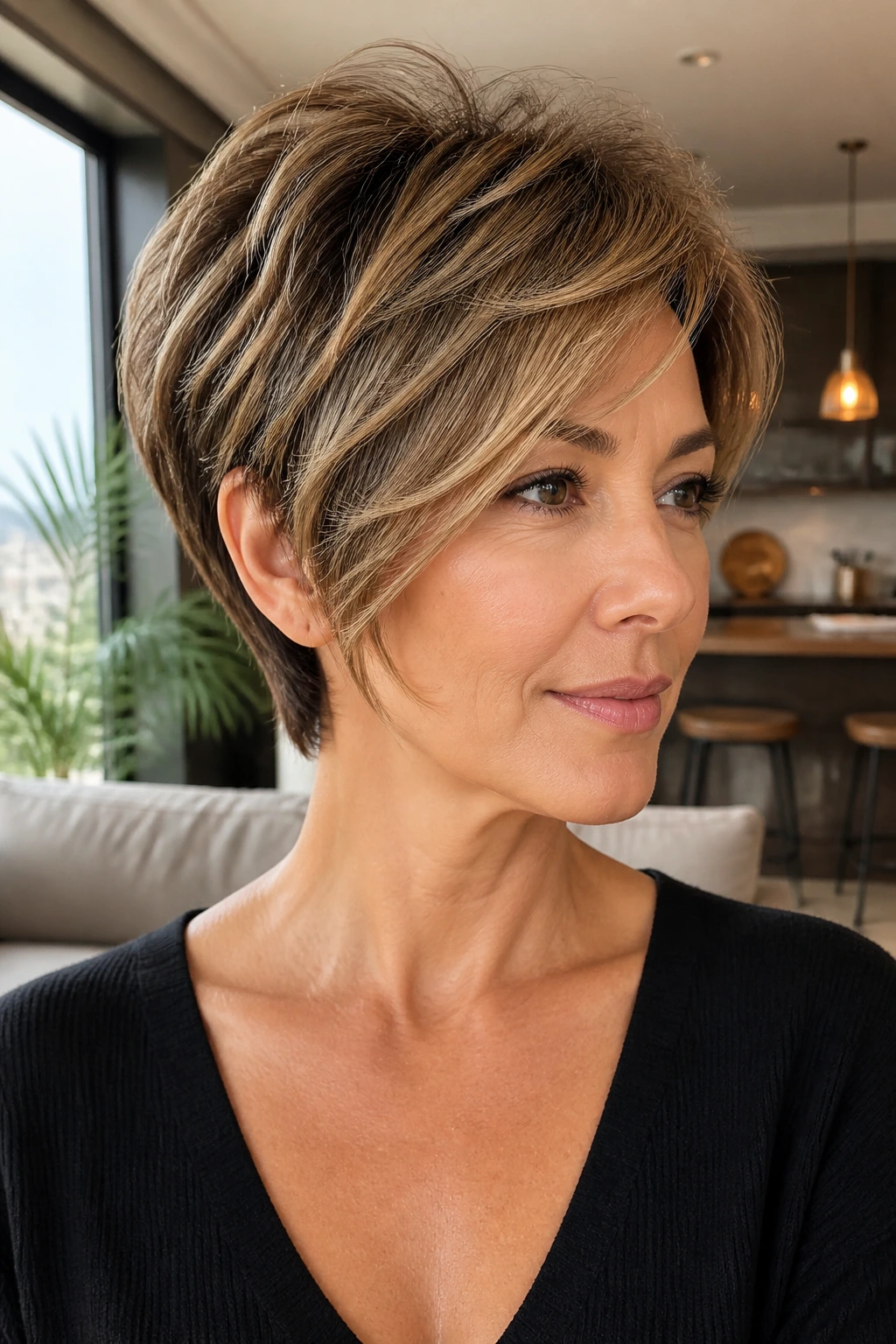 Close-up portrait of a real woman with sculpted layered crop and face-framing bend.