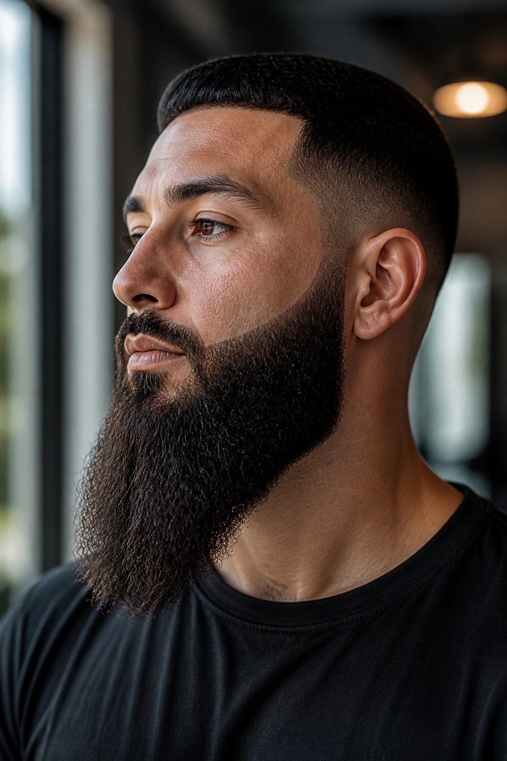 Close-up of a real man with sculpted long beard and razor line in a softly lit hallway