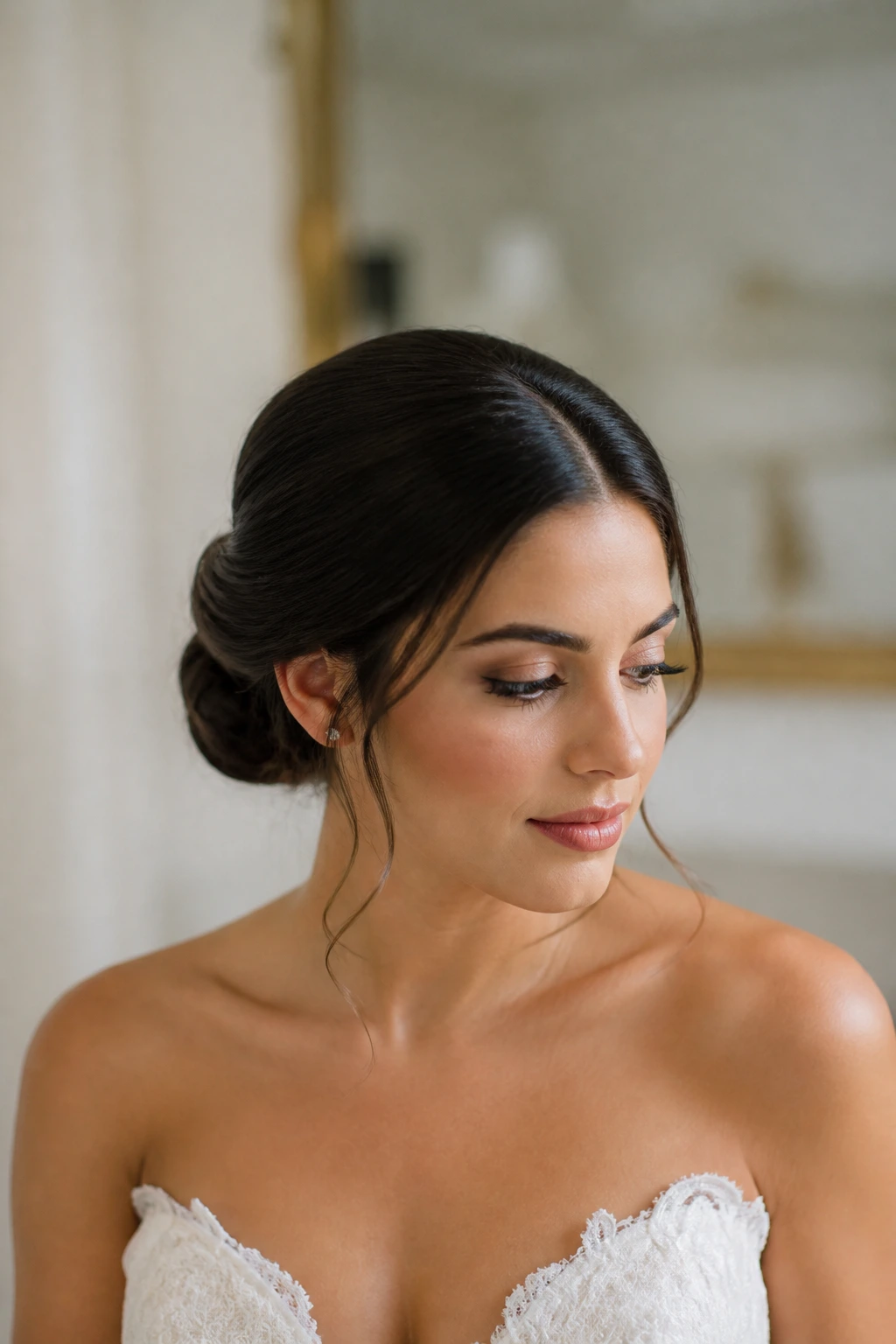 Bride with sculpted low bun and center part portrait