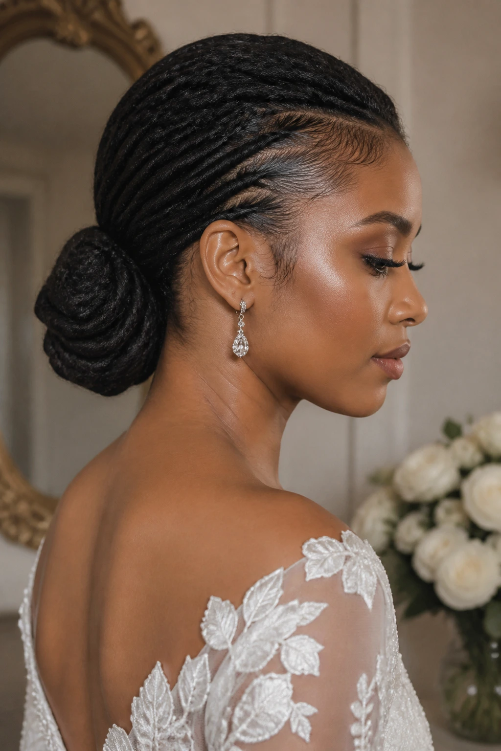 Close-up of real bride with sculpted low knot and glassy edges