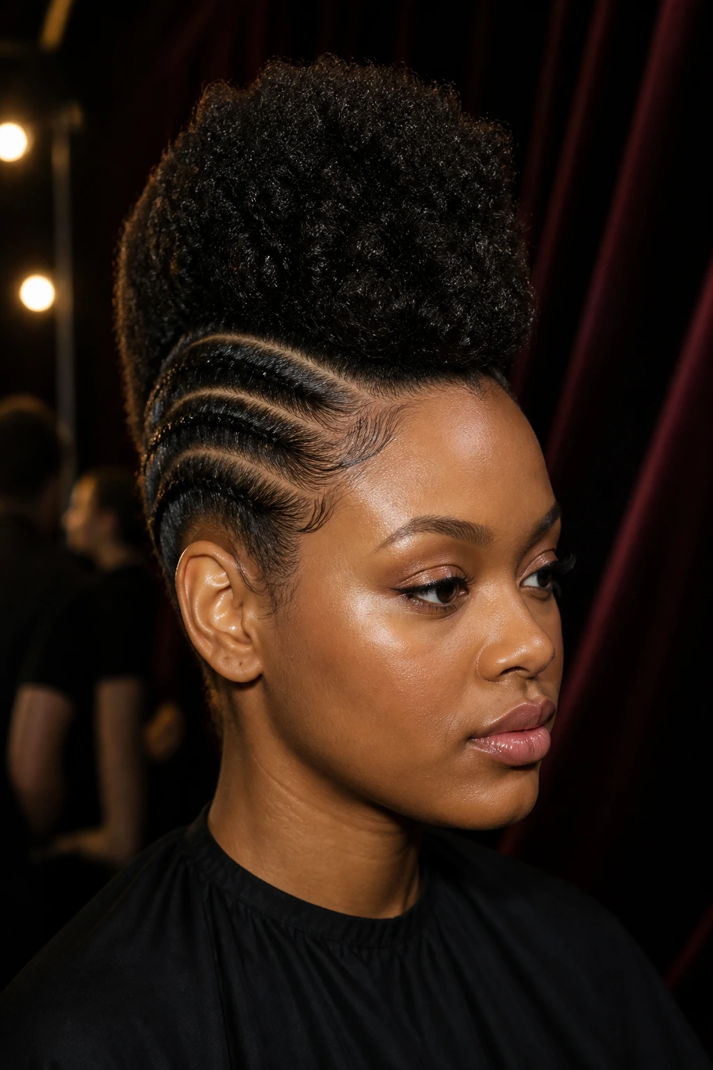 Close-up portrait of a real Black woman with a sculpted high crown mohawk for a formal event