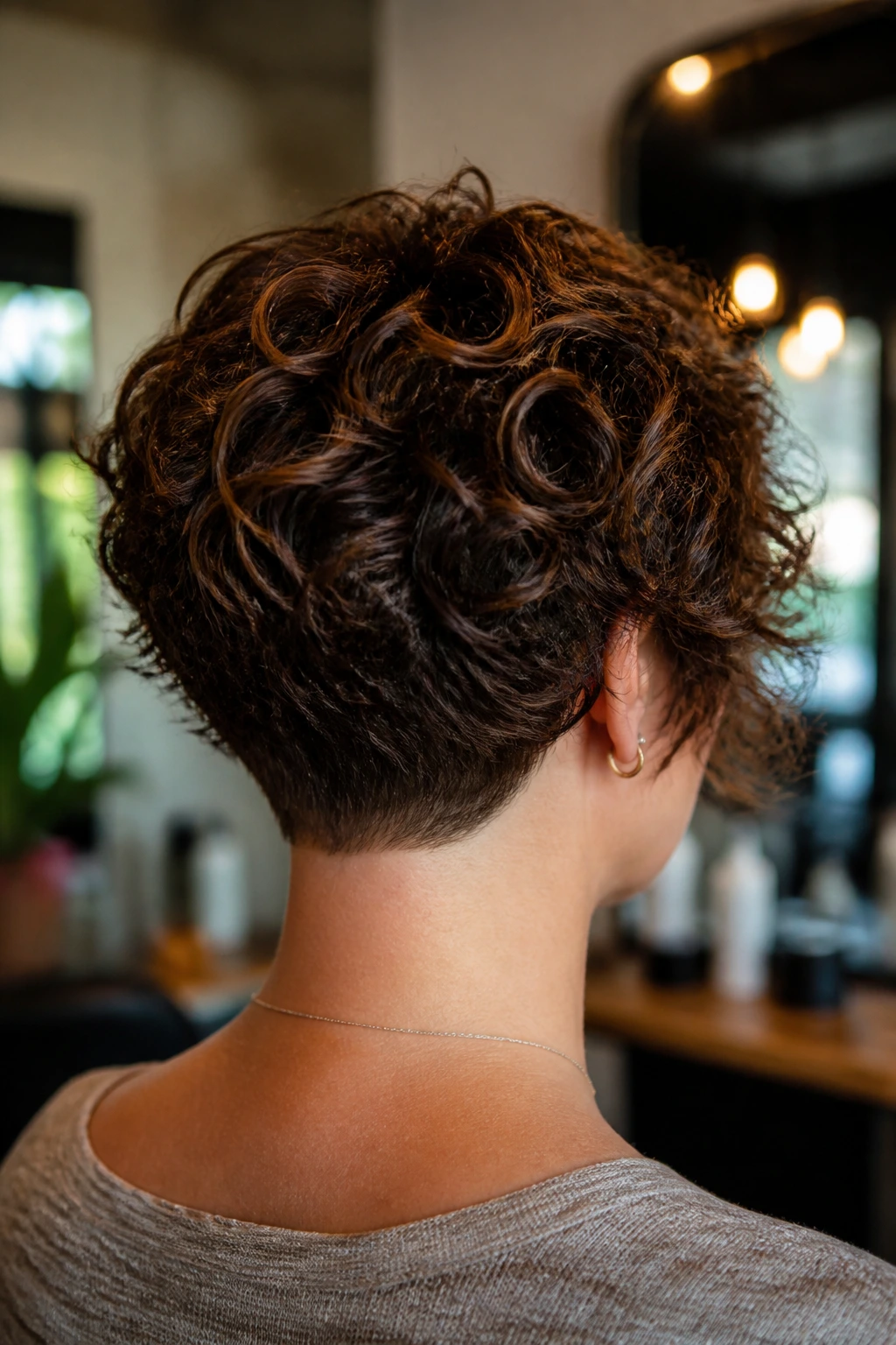 Back view close-up of a real person with sculpted nape pixie bob