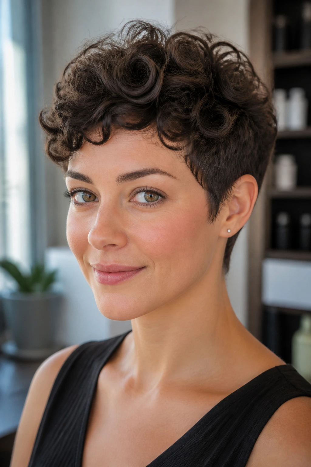 Close-up of real woman with sculpted oval pixie hairstyle in daylight