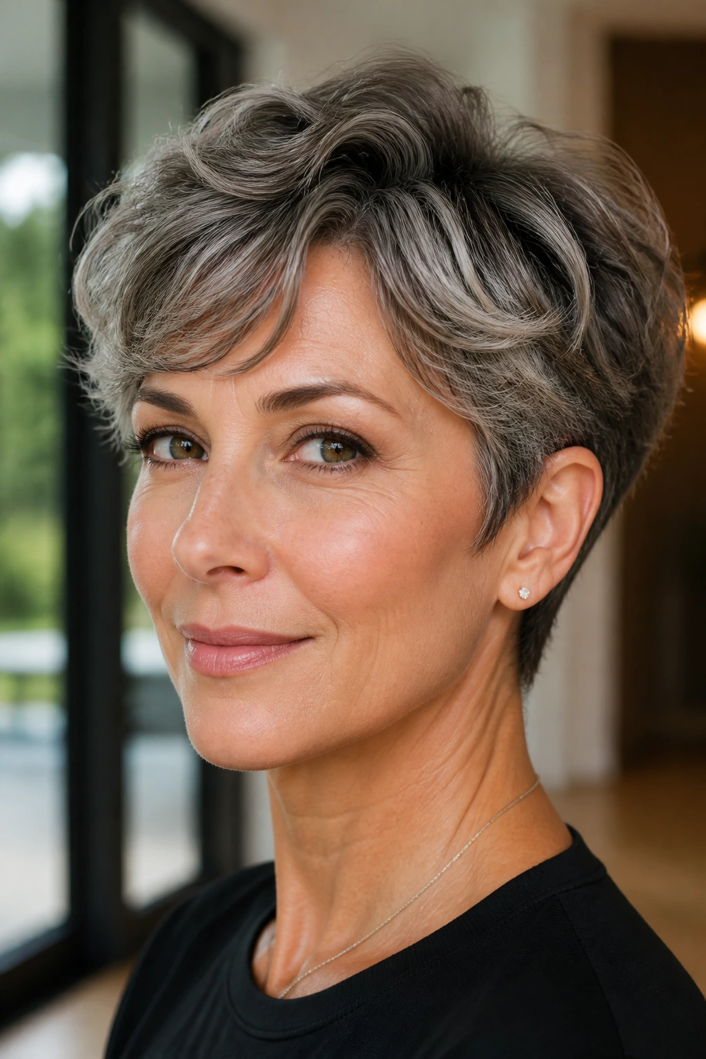 Close-up of a woman with sculpted oval pixie hairstyle in a softly lit indoor setting