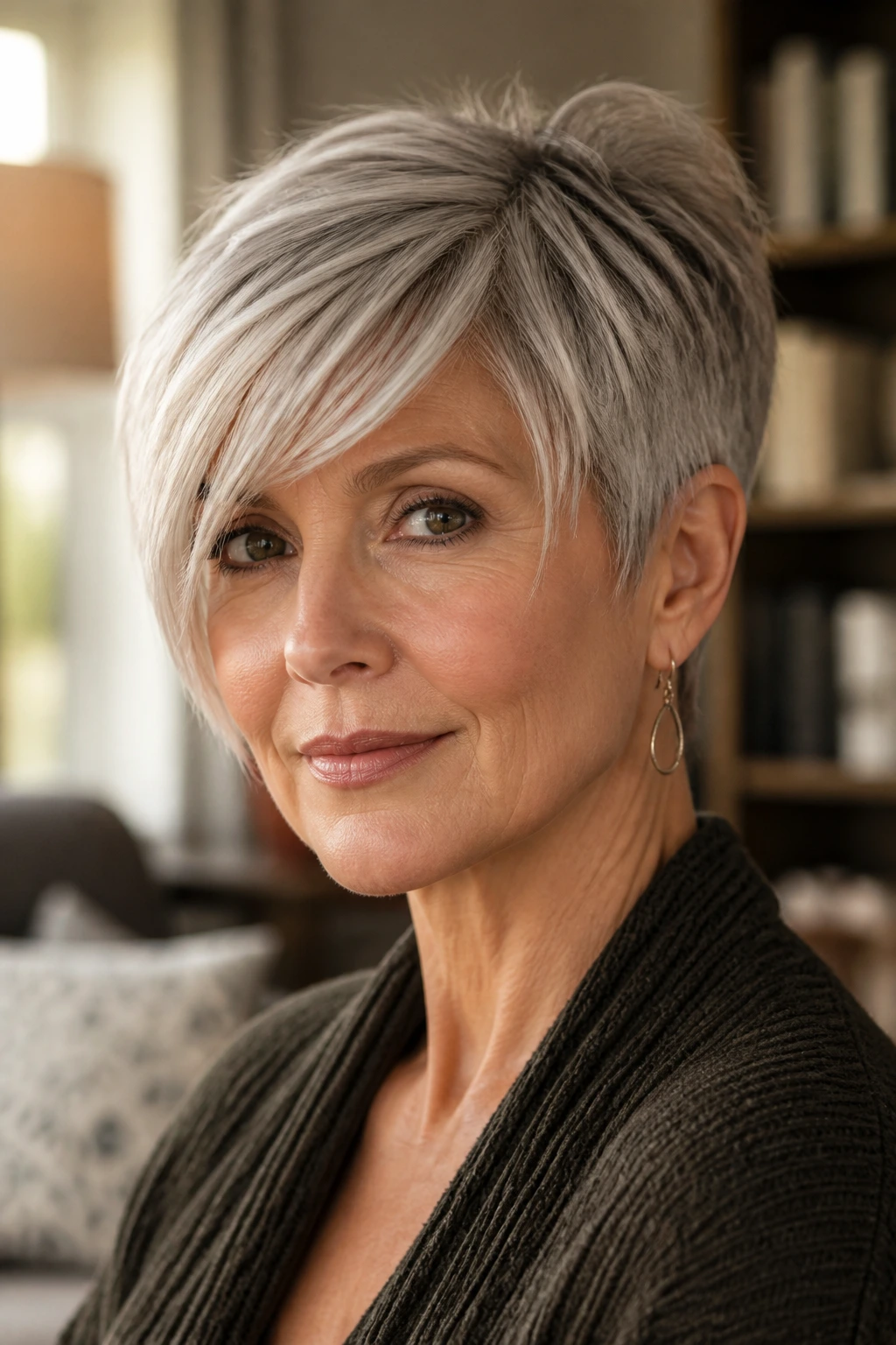 Portrait of a woman with sculpted pixie and long bangs in a cozy lit room