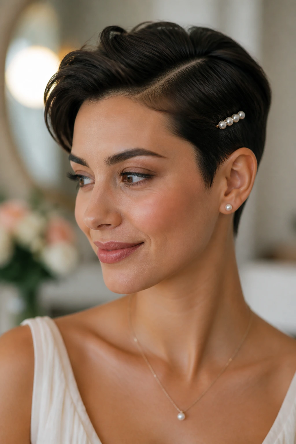 Close-up of a real woman with a sculpted pixie and deep side part