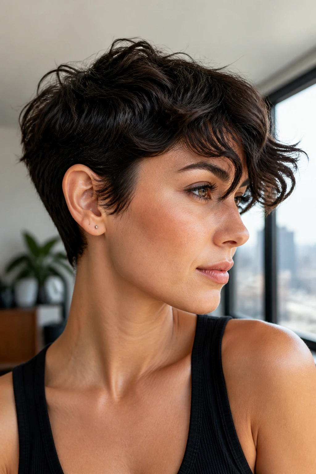 Close-up of a real woman with sculpted pixie and tucked-behind-ear waves