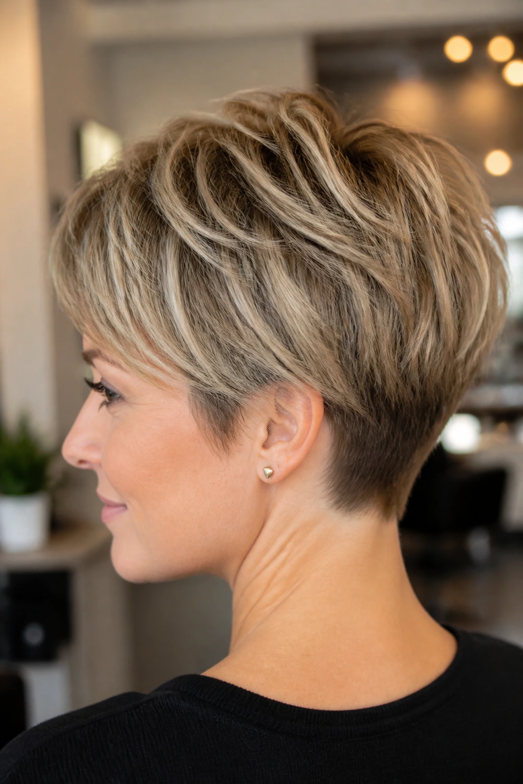 Three-quarter portrait of a real person with a sculpted pixie and tucked nape in a stylish salon